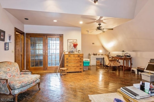 sitting room featuring ceiling fan, dark hardwood / wood-style flooring, lofted ceiling, and french doors