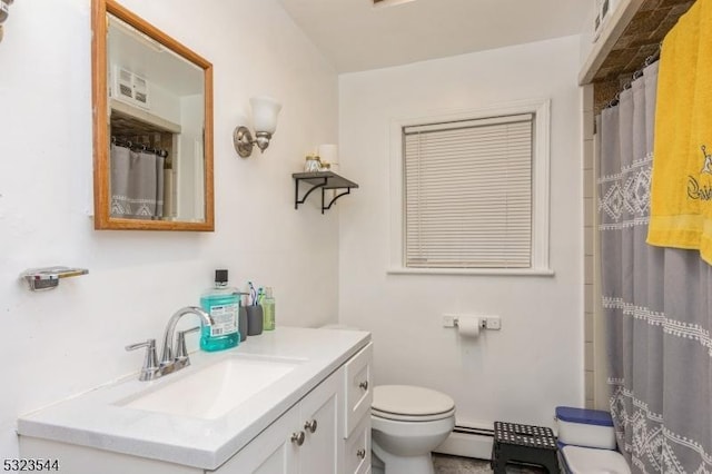 bathroom featuring a shower with curtain, vanity, a baseboard radiator, and toilet