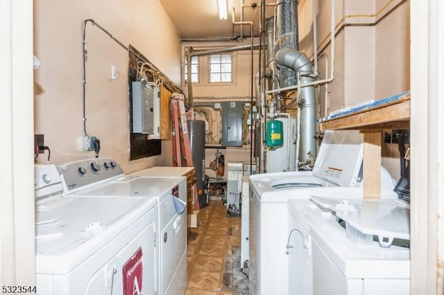 laundry area featuring washer and clothes dryer, electric panel, and water heater