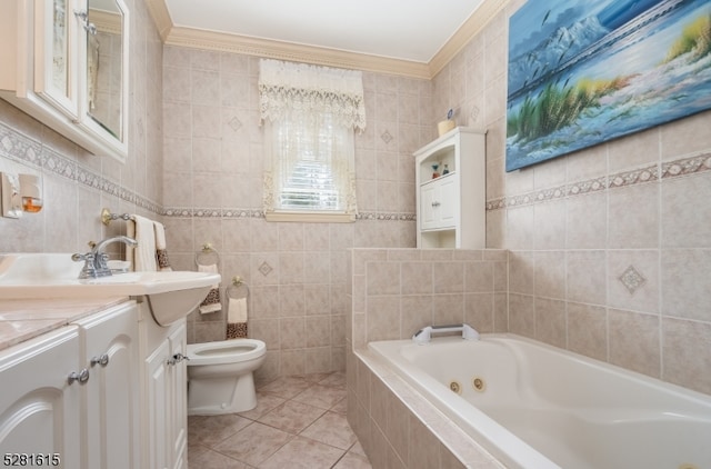 bathroom with tile walls, tile patterned floors, ornamental molding, and tiled tub