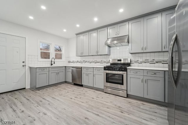 kitchen featuring gray cabinetry, sink, stainless steel appliances, tasteful backsplash, and light hardwood / wood-style flooring