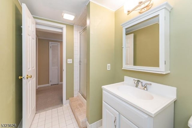 152 Fairmount Rd, Washington Twp, NJ 07853 - bathroom with a stall shower, vanity, baseboards, and tile patterned floors
