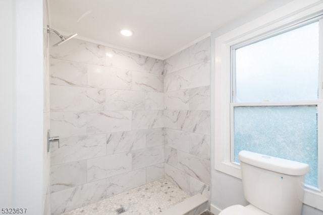 bathroom featuring toilet, a wealth of natural light, and a tile shower