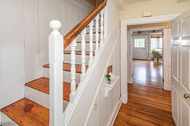 stairway with hardwood / wood-style flooring