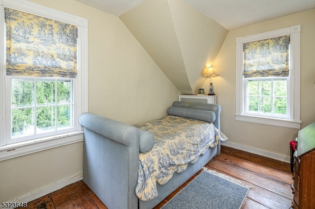 bedroom with hardwood / wood-style floors, multiple windows, and lofted ceiling