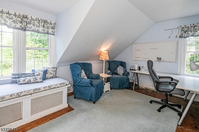 carpeted office with lofted ceiling