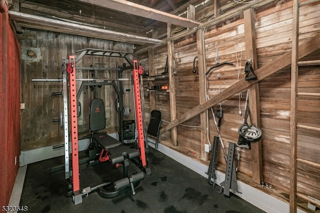 exercise room featuring wood walls