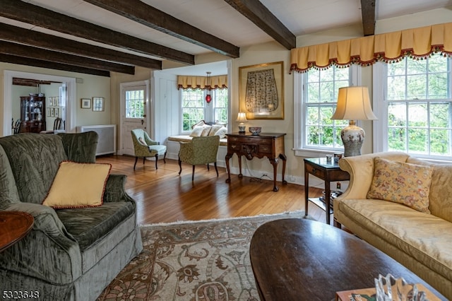 living room with beamed ceiling and wood-type flooring