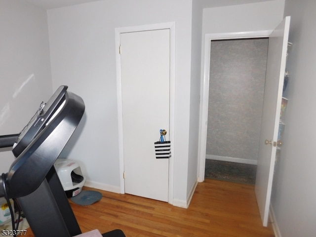 workout area featuring hardwood / wood-style flooring