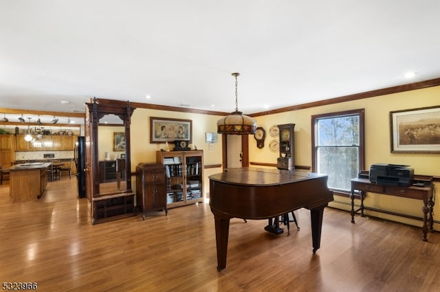 misc room featuring crown molding, a baseboard heating unit, and hardwood / wood-style flooring