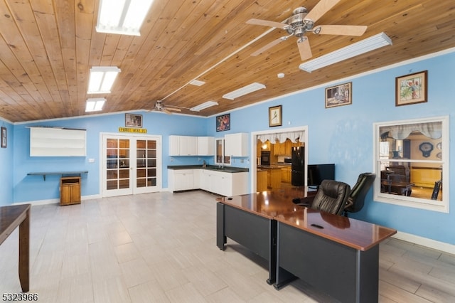 home office with french doors, ceiling fan, lofted ceiling, and wood ceiling