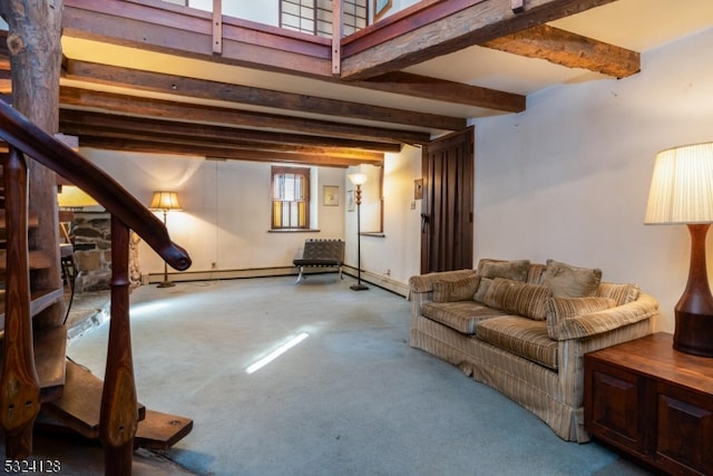 unfurnished living room featuring carpet floors and beamed ceiling