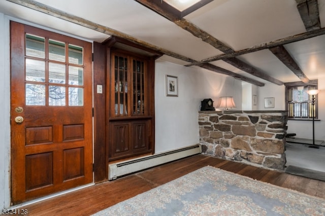 entrance foyer with beamed ceiling, baseboard heating, and dark hardwood / wood-style floors