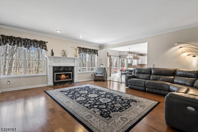 living area with ornamental molding, wood finished floors, baseboards, and a premium fireplace