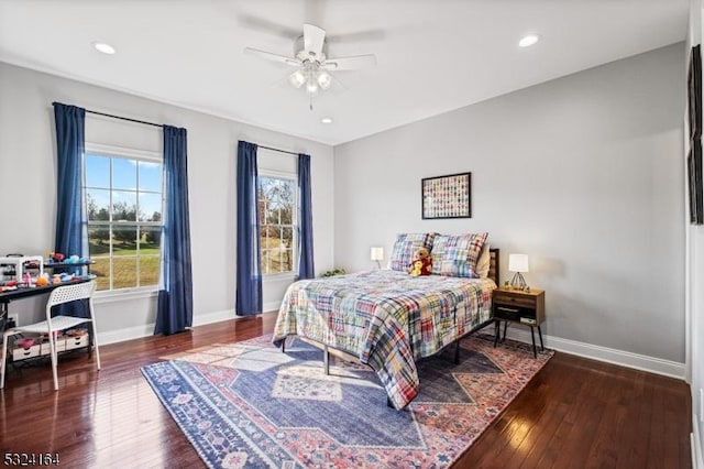 bedroom featuring dark hardwood / wood-style floors and ceiling fan