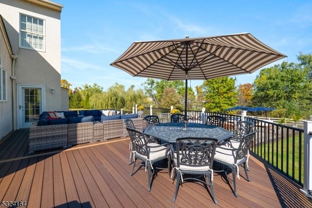 wooden terrace featuring outdoor lounge area