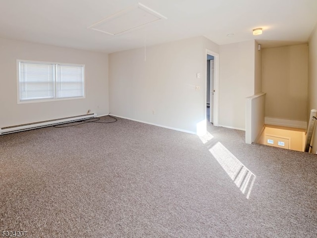 carpeted empty room with baseboard heating