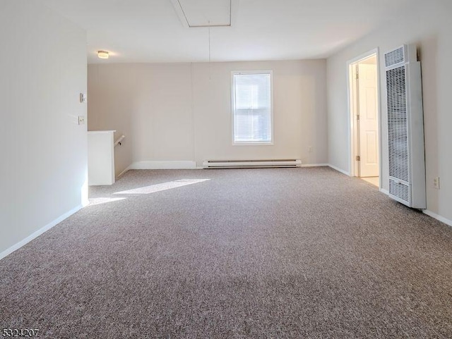 88 Trinity St, Newton Town, NJ 07860 - unfurnished room featuring a heating unit, attic access, a baseboard radiator, carpet flooring, and baseboards