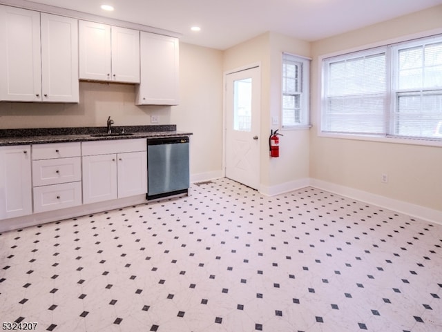 kitchen featuring white cabinetry, stainless steel dishwasher, and sink