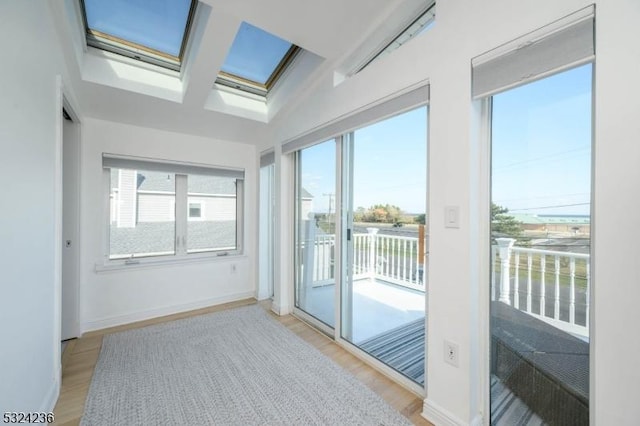 unfurnished sunroom with a wealth of natural light and a skylight