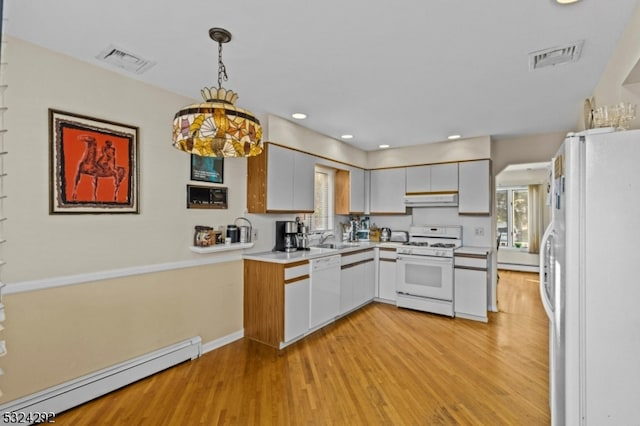 kitchen with baseboard heating, white cabinetry, pendant lighting, and white appliances