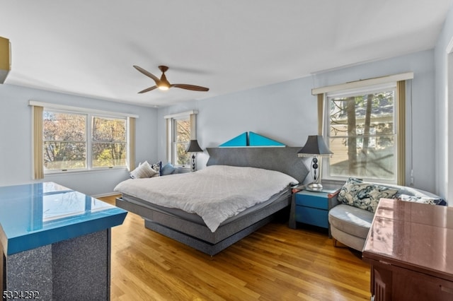 bedroom with ceiling fan and light wood-type flooring