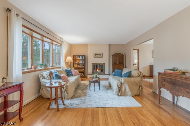 living room with a large fireplace and light wood-type flooring