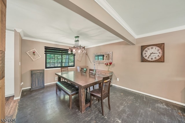 dining space featuring a notable chandelier, dark hardwood / wood-style floors, and crown molding