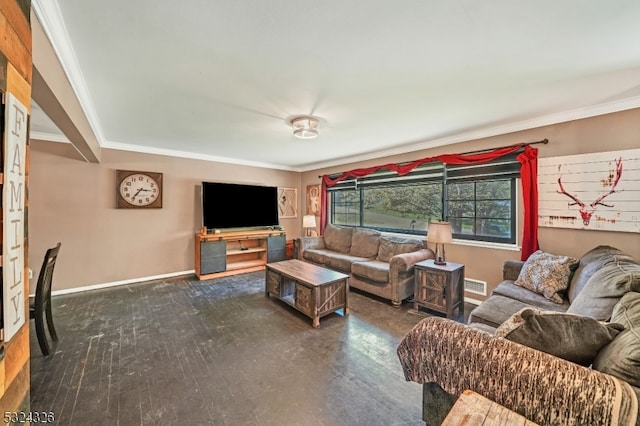 living room featuring dark hardwood / wood-style flooring and crown molding