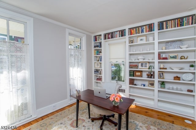 office featuring light wood-type flooring and crown molding