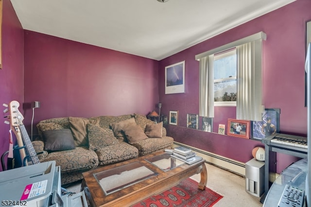 living room with carpet flooring and a baseboard heating unit