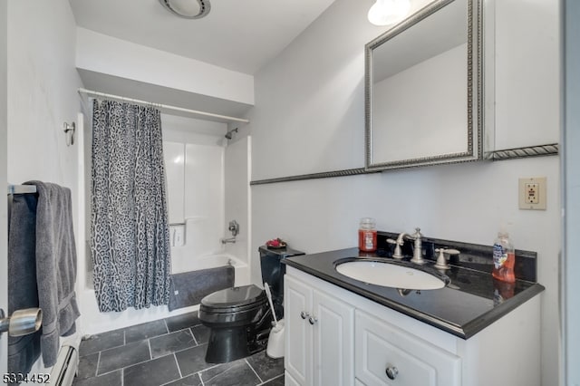 full bathroom featuring toilet, vanity, tile patterned floors, and shower / bath combo with shower curtain