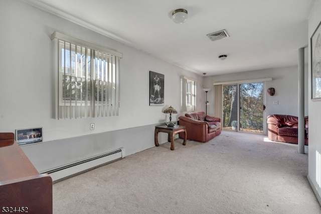 living area with carpet flooring and a baseboard radiator