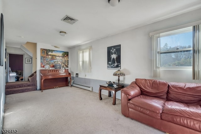 carpeted living room with a baseboard radiator