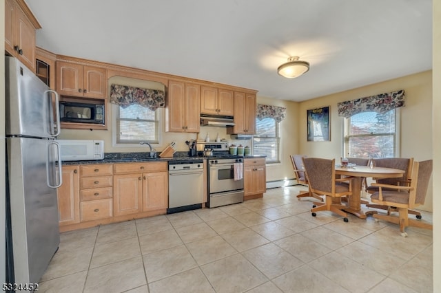 kitchen featuring a healthy amount of sunlight, dark stone countertops, and appliances with stainless steel finishes