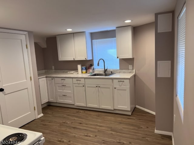 kitchen featuring white cabinetry, sink, and dark wood-type flooring