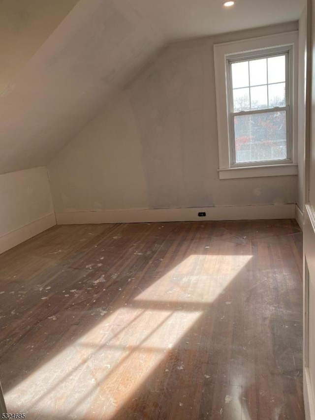 additional living space featuring vaulted ceiling and hardwood / wood-style flooring