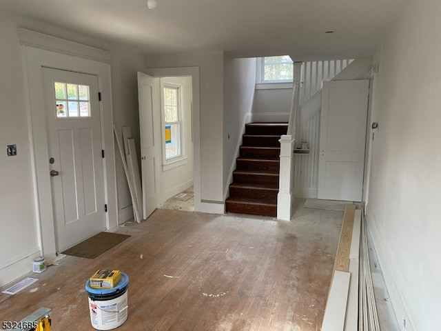 entrance foyer with light hardwood / wood-style floors and a healthy amount of sunlight