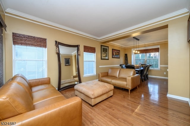 living room with light wood-type flooring, ornamental molding, and a chandelier