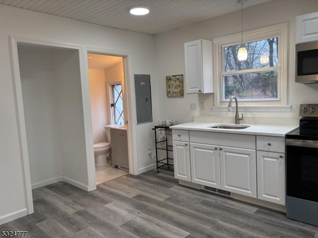 kitchen with white cabinetry, stainless steel appliances, light hardwood / wood-style flooring, electric panel, and pendant lighting