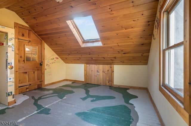 additional living space with wooden ceiling, lofted ceiling with skylight, and a healthy amount of sunlight