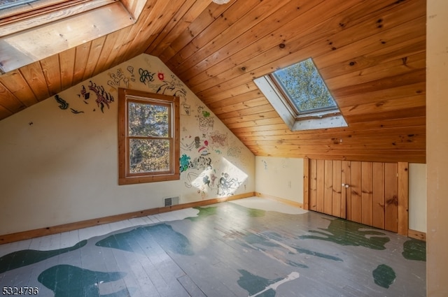 bonus room with hardwood / wood-style floors, lofted ceiling with skylight, and wood ceiling