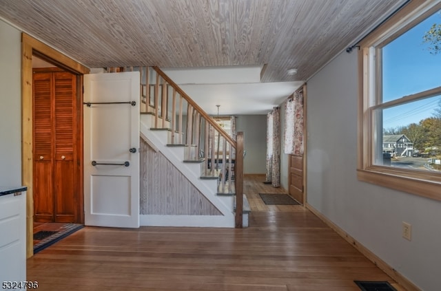 interior space featuring hardwood / wood-style floors and wood ceiling