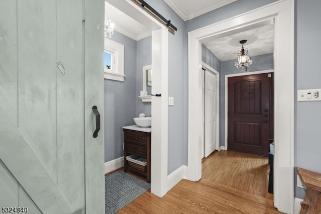 bathroom with hardwood / wood-style flooring, vanity, and crown molding