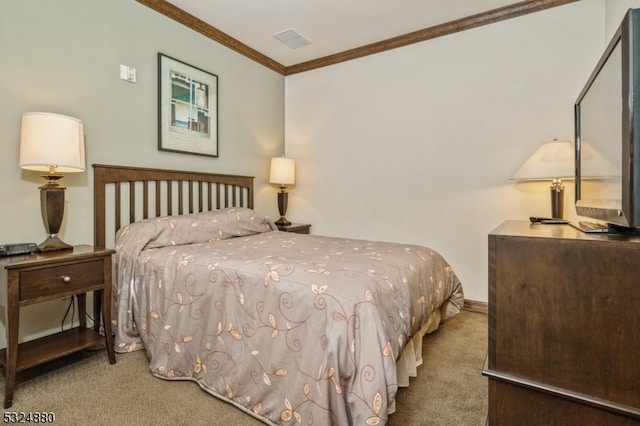 carpeted bedroom with crown molding