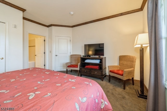 bedroom with carpet floors, ornamental molding, and ensuite bath