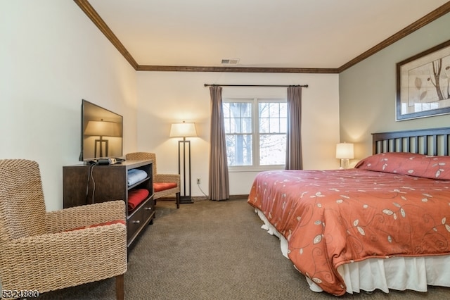 carpeted bedroom featuring ornamental molding