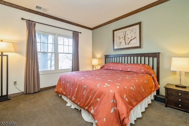 carpeted bedroom featuring crown molding