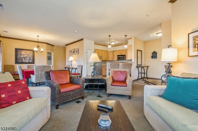 living room with light carpet, an inviting chandelier, and crown molding