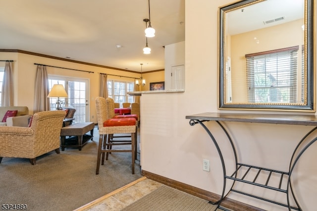 interior space featuring carpet floors and ornamental molding